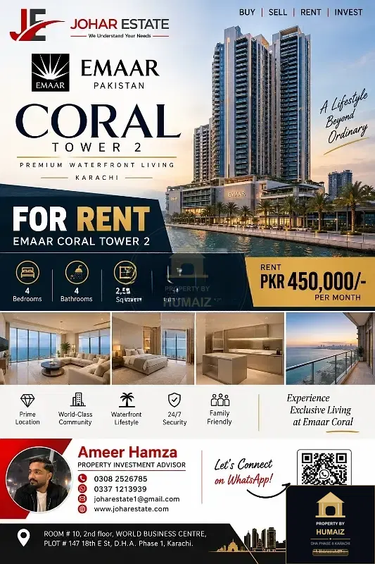 4-Bedroom Luxury Apartment (Sea Facing, 4 Bath, Suite 10) at Coral Towers For Rent in DHA Phase 8 Karachi — Property by Humaiz Architectural Asset