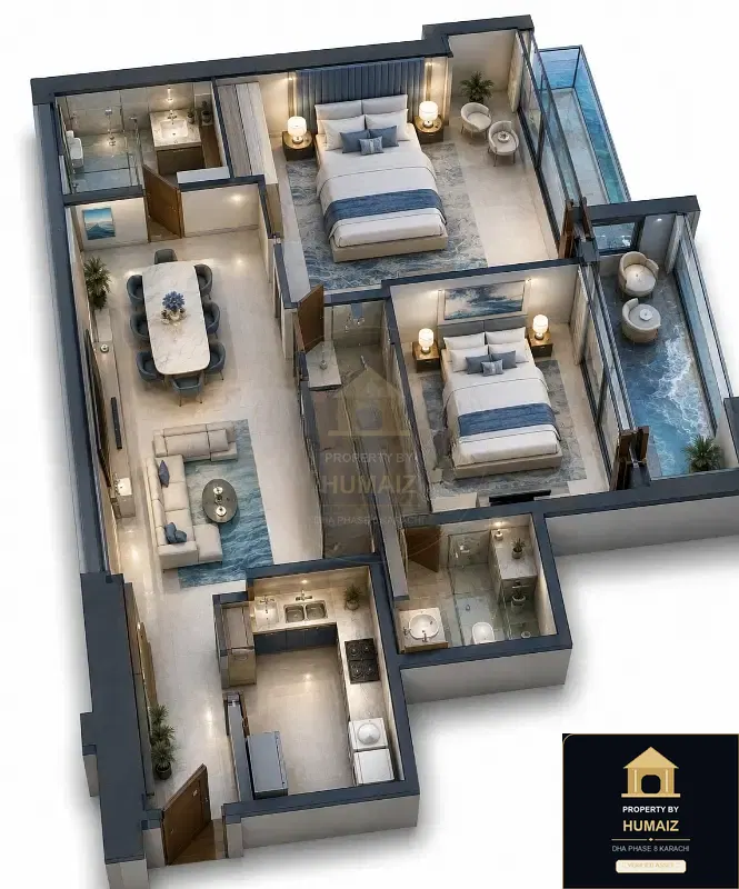 2-Bedroom Luxury Apartment (Sea Facing, 3 Bath, Suite 10) at Tower A For Sale in DHA Phase 8 Karachi — Photograph 3