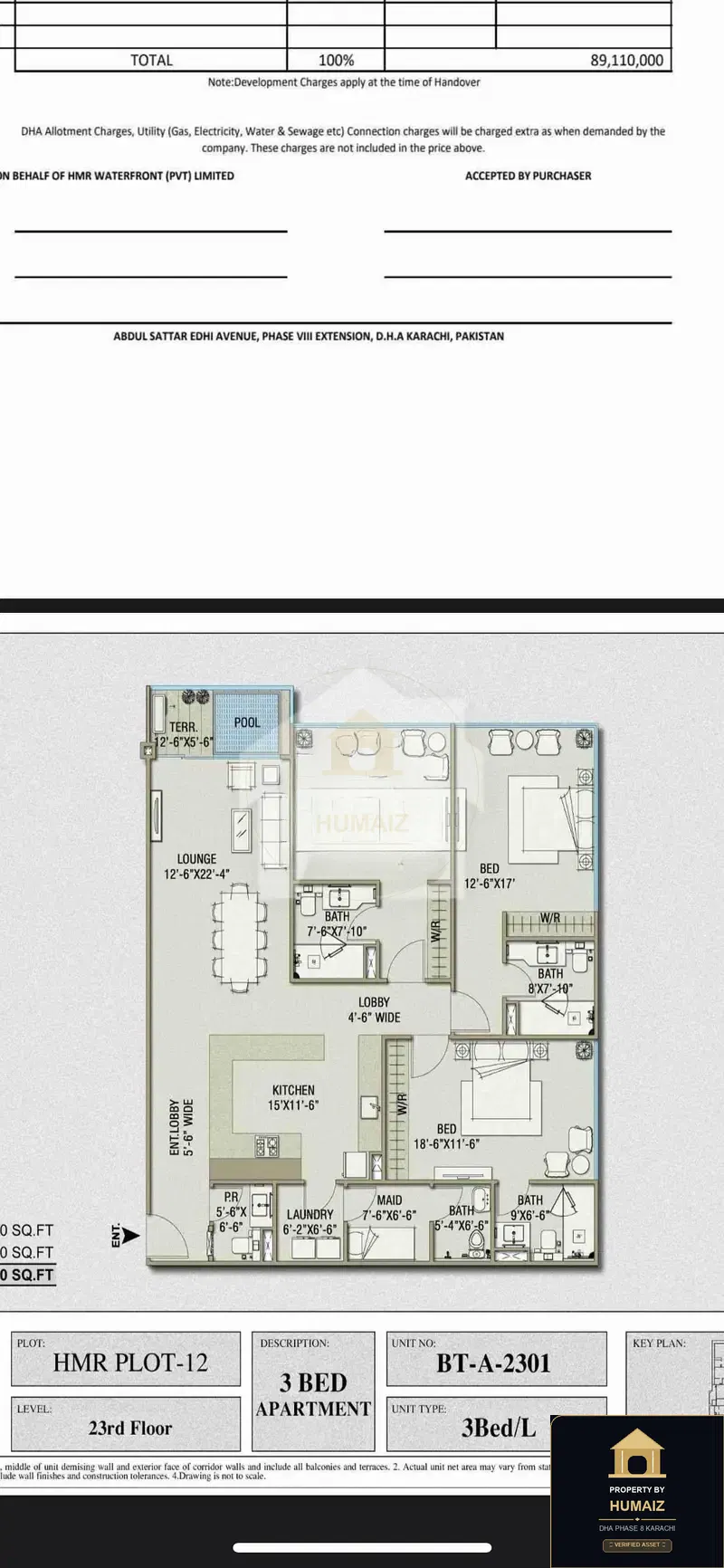 3-Bedroom Luxury Apartment (Sea Facing, 4 Bath, Suite 31) at HMR Waterfront For Sale in DHA Phase 8 Karachi — Property by Humaiz Architectural Asset