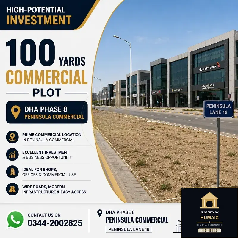 100 Sq. Yd. Commercial Plot (Parcel 33) on Peninsula Commercial For Sale in DHA Phase 8 Karachi — Property by Humaiz Architectural Asset