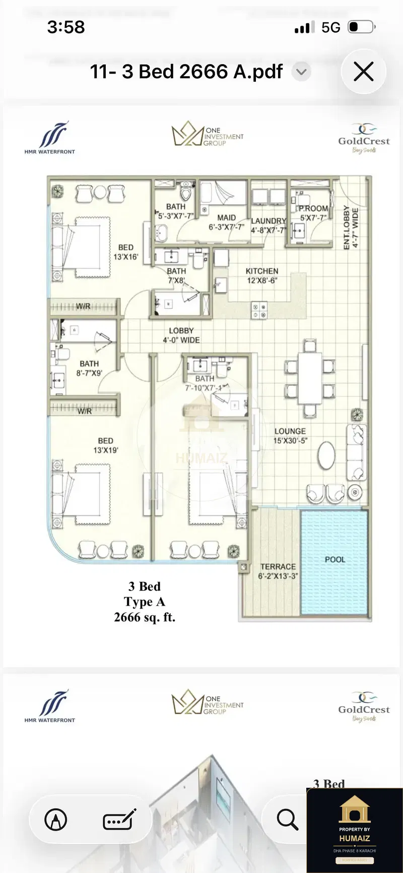 3-Bedroom Luxury Apartment (Sea Facing, 5 Bath, Suite 35) at HMR Waterfront For Sale in DHA Phase 8 Karachi — Property by Humaiz Architectural Asset